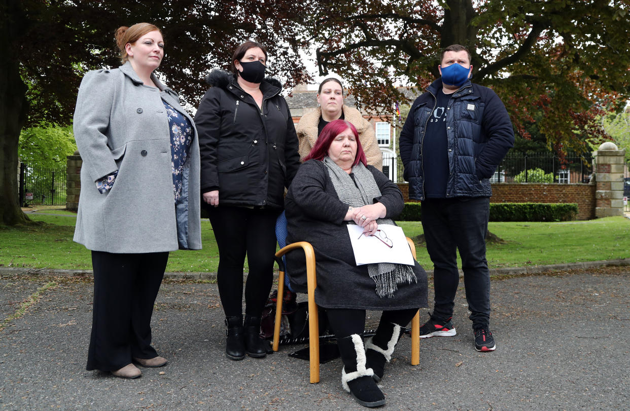 Michelle Hadaway (bottom), mother of Karen Hadaway, accompanied by family members, reads a statement outside Sussex Police Headquarters in Lewes, East Sussex, after Jennifer Johnson, the ex-girlfriend of Babes in the Wood murderer Russell Bishop, was found guilty of perjury and perverting the course of justice over his infamous 1987 trial. Picture date: Monday May 17, 2021.