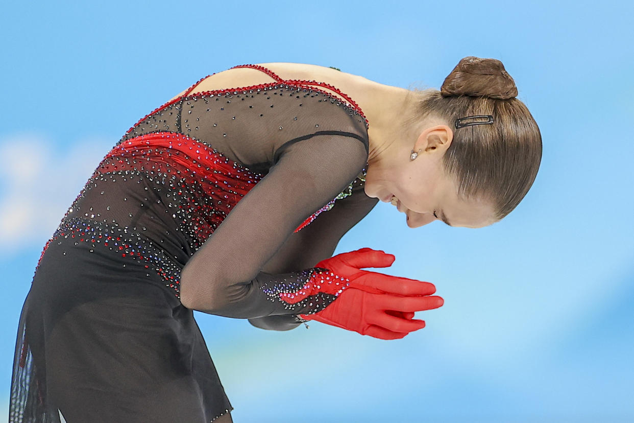 BEIJING, CHINA - FEBRUARY 17: Kamila Valieva of ROC reacts to her score after the Women Single Skating Free Skating on day thirteen of the Beijing 2022 Winter Olympic Games at Capital Indoor Stadium on February 17, 2022 in Beijing, China. (Photo by Nikolay Muratkin/Anadolu Agency via Getty Images)