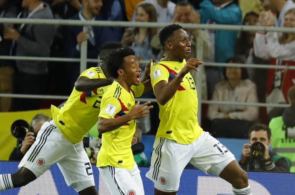 Yerry Mina (13) of Colombia celebrates with his teammates after scoring a goal during the 2018 FIFA World Cup Russia Round of 16 match between Colombia and England at the Spartak Stadium in Moscow, Russia on July 03, 2018. (Getty Images)