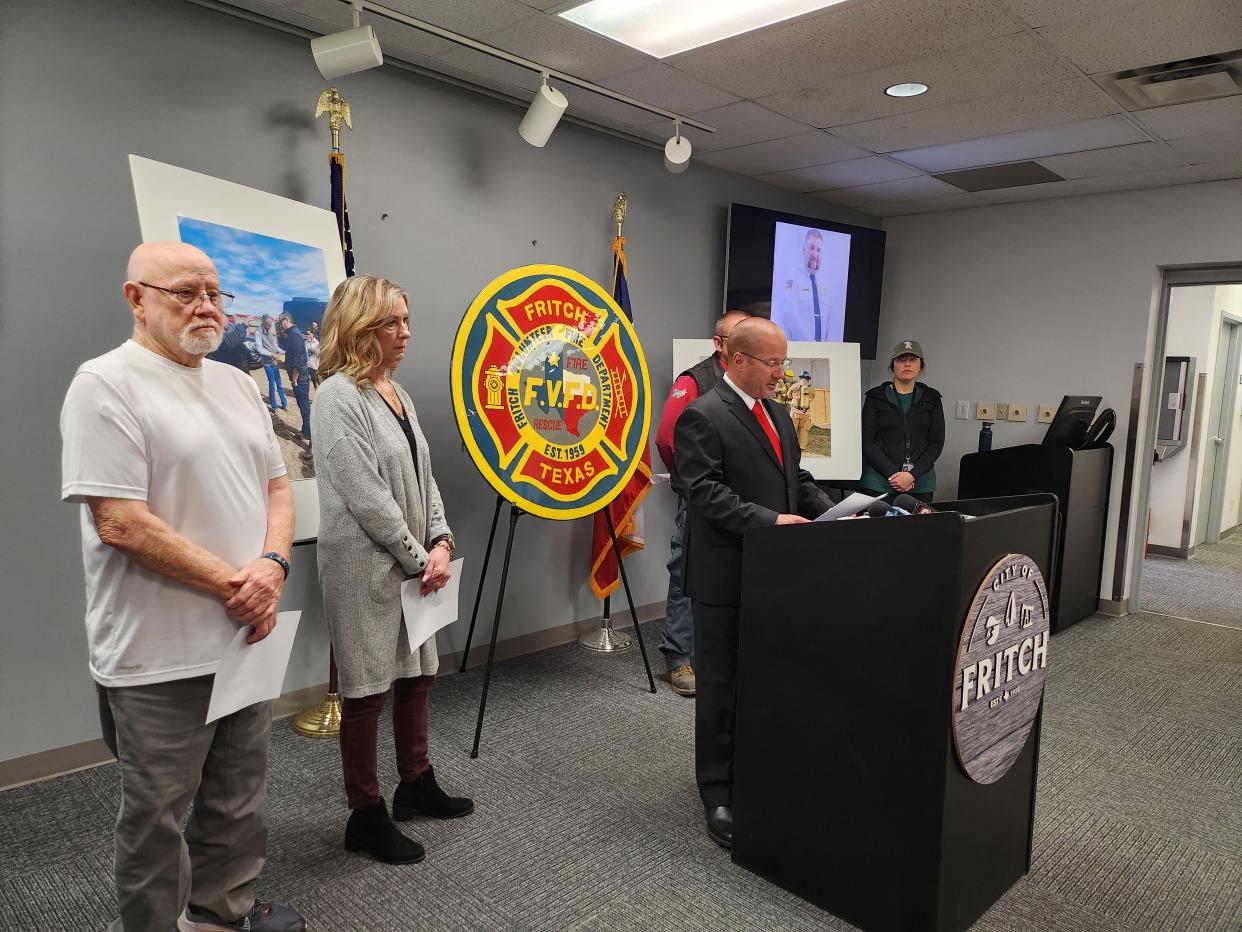 Brandon Strope, public information officer for the City of Borger and Hutchinson County Management, leads a news conference Tuesday afternoon in Borger including Hutchinson County area officials following the sudden death of Fritch Volunteer Fire Chief Zeb Smith earlier that day.