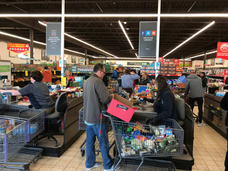 Richfield, Minnesota/USA. March 13, 2020. People stock up on food at an Aldi store in anticipation of staying at home a while amid Coronavirus.