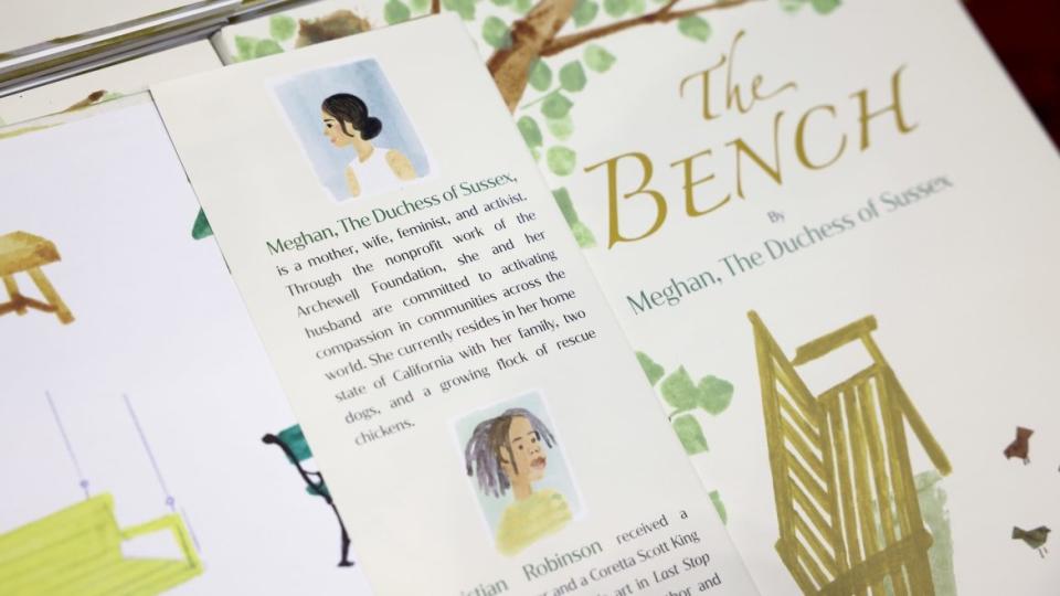 <div class="inline-image__caption"><p>"A copy of "The Bench", a children's book written by Meghan, Britain's Duchess of Sussex, is displayed at a Waterstones store in London, Britain, June 8, 2021.</p></div> <div class="inline-image__credit">Henry Nicholls/Reuters</div>