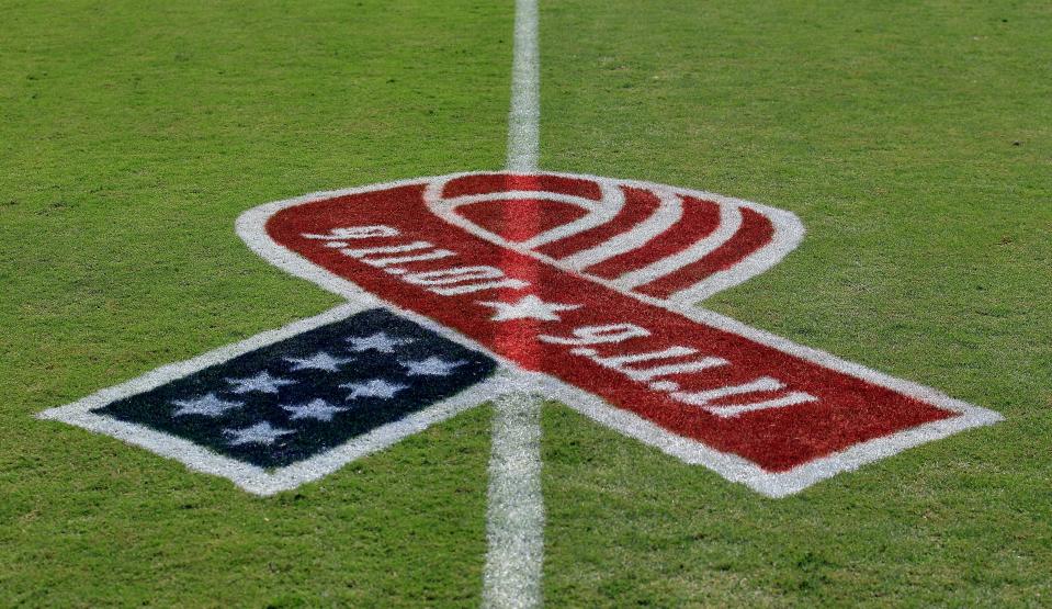 A 9/11 Memorial ribbon as seen on the field before the game between the Jacksonville Jaguars and the Tennessee Titans at EverBank Field on September 11, 2011 in Jacksonville, Florida. (Sam Greenwood—Getty)
