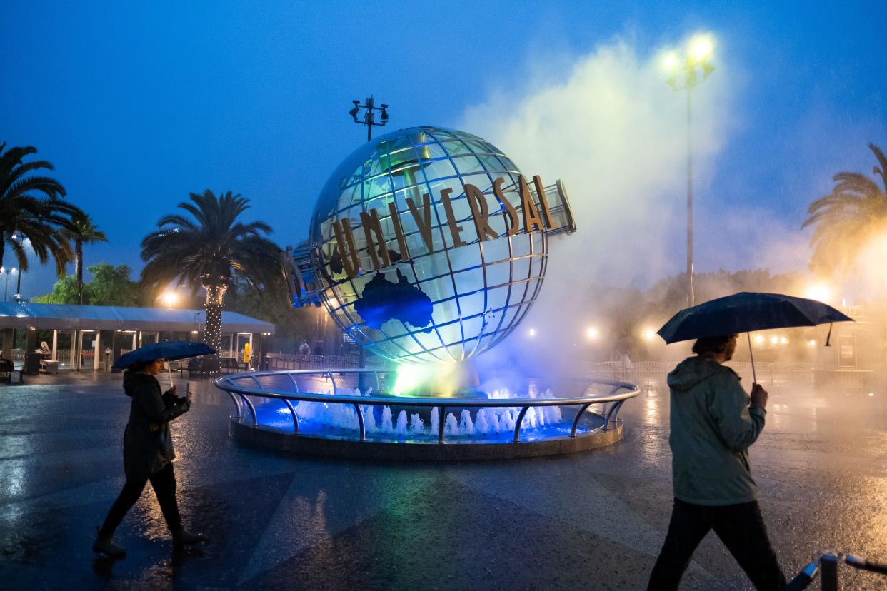 A flooded entrance to Universal Studios as tropical storm Hilary continues to dump rain on Hollywood into the evening causing statewide flooding. The eye of the storm passed over Los Angeles bringing heavy rain. Governor Newsom has declared a state of emergency for the heavily populated state that hasn’t seen a tropical storm of this size in over eighty years. James Anderson/Alamy Live News