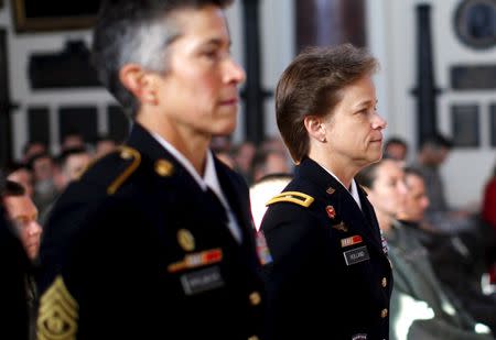 U.S. Brigadier General Diana Holland (R) arrives for a ceremony where she assumed the role as the first female Commandant of Cadets at the U.S. Military Academy at West Point, New York, January 5, 2016. REUTERS/Mike Segar