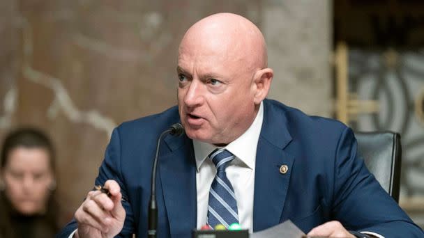 PHOTO: Sen. Mark Kelly, D-Ariz., speaks during a hearing of the Senate Armed Services Committee, on Capitol Hill, in Washington, March 24, 2022. (Jose Luis Magana/AP)