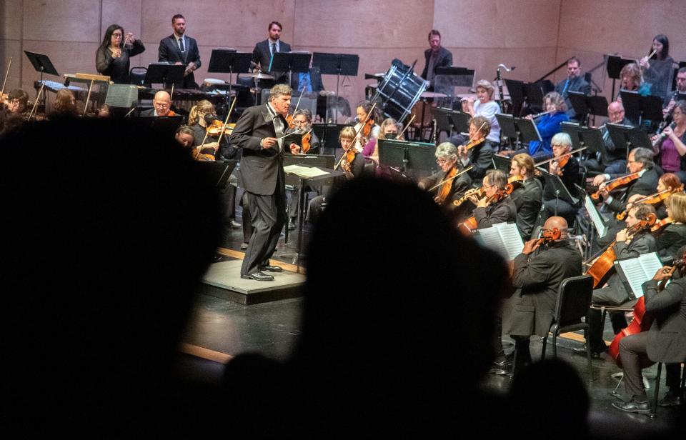 Stockton Symphony musical director Peter Jaffe conducts the first performance of the symphony's annual Steppin' Out educational concert series at the San Joaquin College's Atherton Auditorium in Stockton on Jan. 30, 2024. The concert invites 4th and 5th graders for a concert where they learn about aspects of music. The series continues on Wednesday, Jan. 31 at 10:15 a.m. at Atherton Auditorium and Feb. 1 at 9:15a.m and 10:45 a.m. at Hutchins Street Square in Lodi.