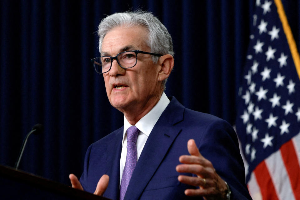 FILE PHOTO: Federal Reserve Chair Jerome Powell delivers remarks during a press conference in Washington, U.S., June 12, 2024. REUTERS/Evelyn Hockstein/File Photo