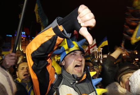 Protesters react during an opposition meeting at Independence square in Kiev, December 5, 2013. REUTERS/Vasily Fedosenko