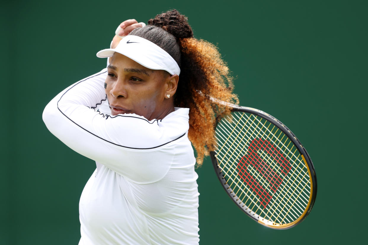 Serena Williams plays a backhand during their training session ahead of The Championships Wimbledon 2022 at All England Lawn Tennis and Croquet Club on June 25, 2022 in London, England. (Photo by Clive Brunskill/Getty Images)