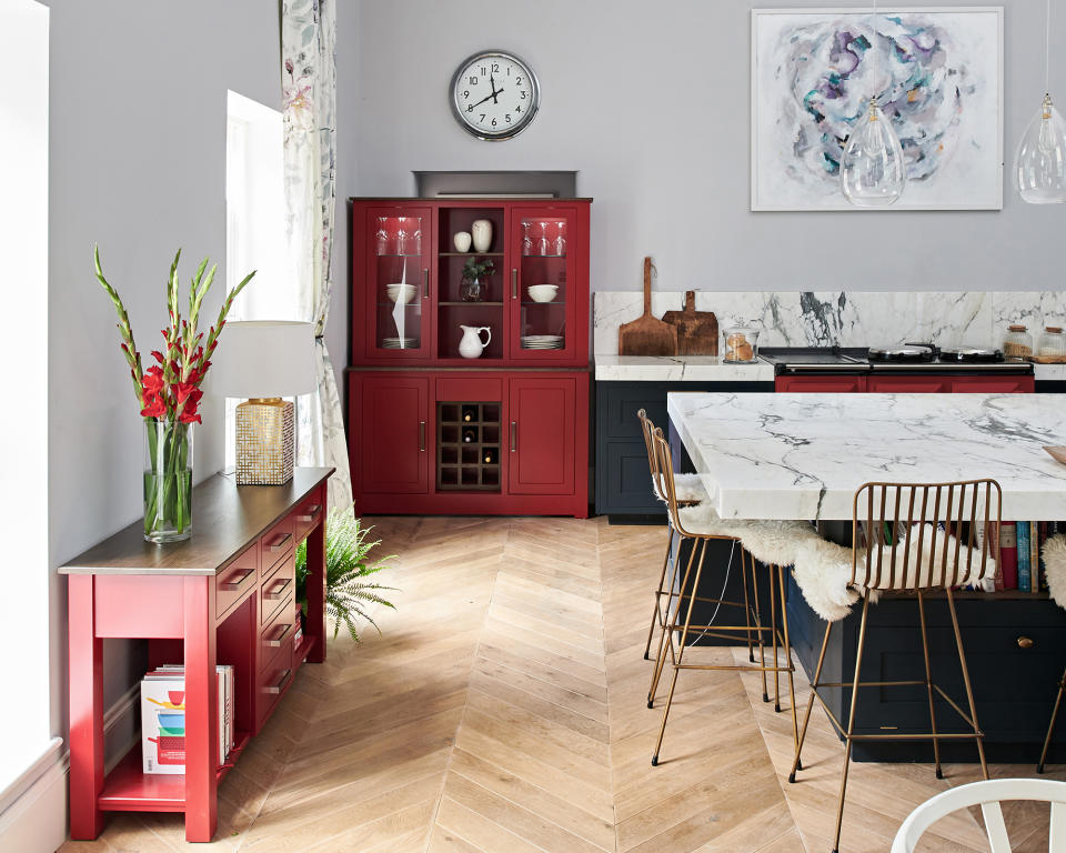 <p> If you&apos;re in the mood to sass up your kitchen with a bit of scarlet &#x2013; you don&apos;t need to splash out on new cabinetry. Find a red paint you like in a suitable finish for the material you intend to paint and have fun upcycling your existing dresser and other storage. </p>