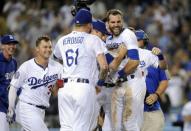 September 18, 2018; Los Angeles, CA, USA; Los Angeles Dodgers left fielder Chris Taylor (3) celebrates after hitting a walk off solo home run against the Colorado Rockies during the tenth inning at Dodger Stadium. Mandatory Credit: Gary A. Vasquez-USA TODAY Sports