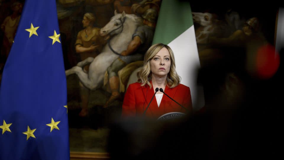 Italian Prime Minister Giorgia Meloni speaks in Rome on May 13. - Simona Granati/Corbis News/Getty Images