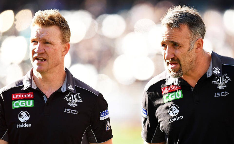 Nathan Buckley and Anthony Rocca at Collingwood in 2017.