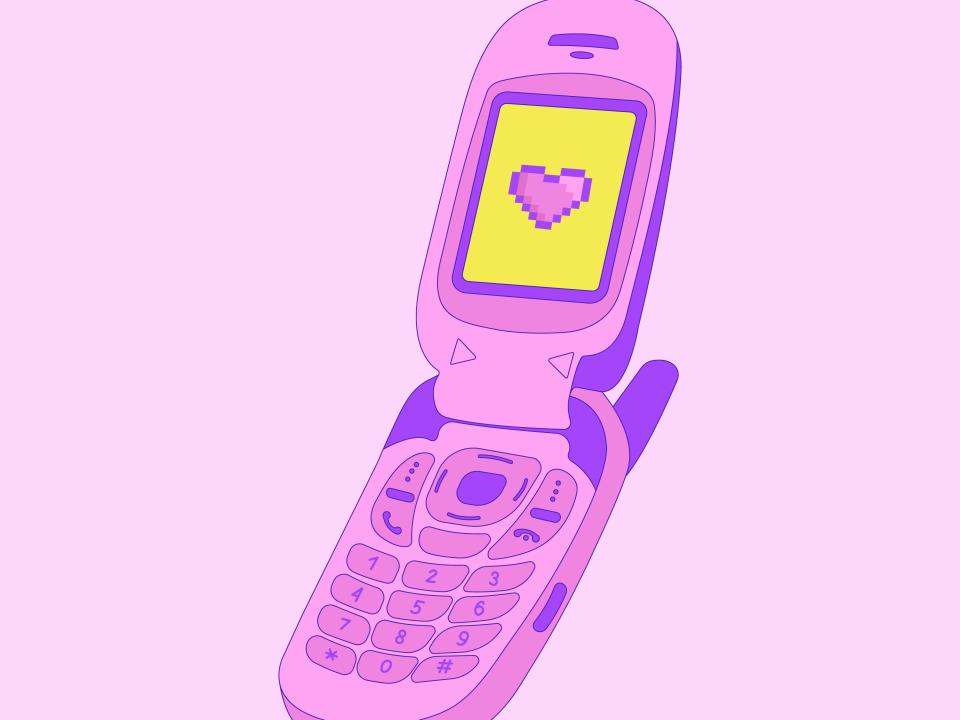 An illustration of a pink flip phone with a heart on the screen against a light pink background.