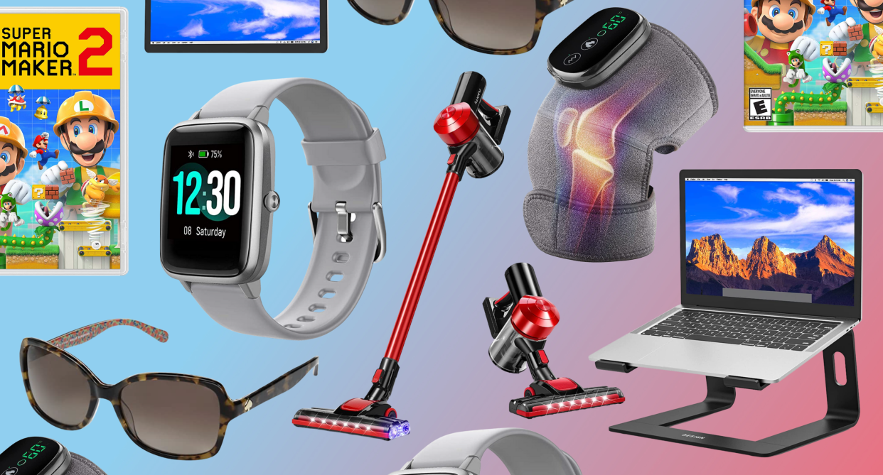 collage of amazon products on sale, fitness watch, laptop stand, red vacuum, knee brace, super mario bros video game, sunglasses