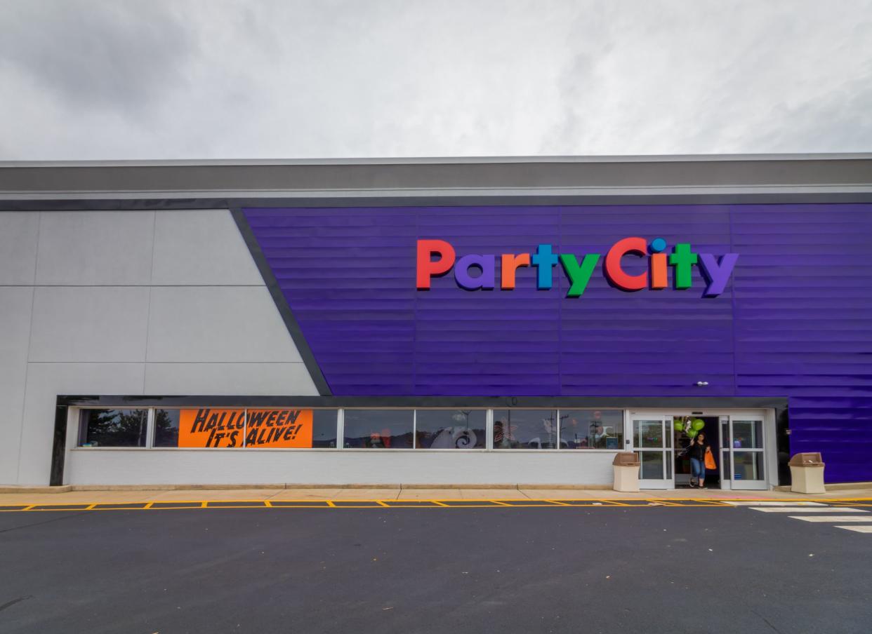 Rockaway, NJ / USA - September 6, 2019: Party City Retail Store in new purple concept design soon to debut Grand Opening