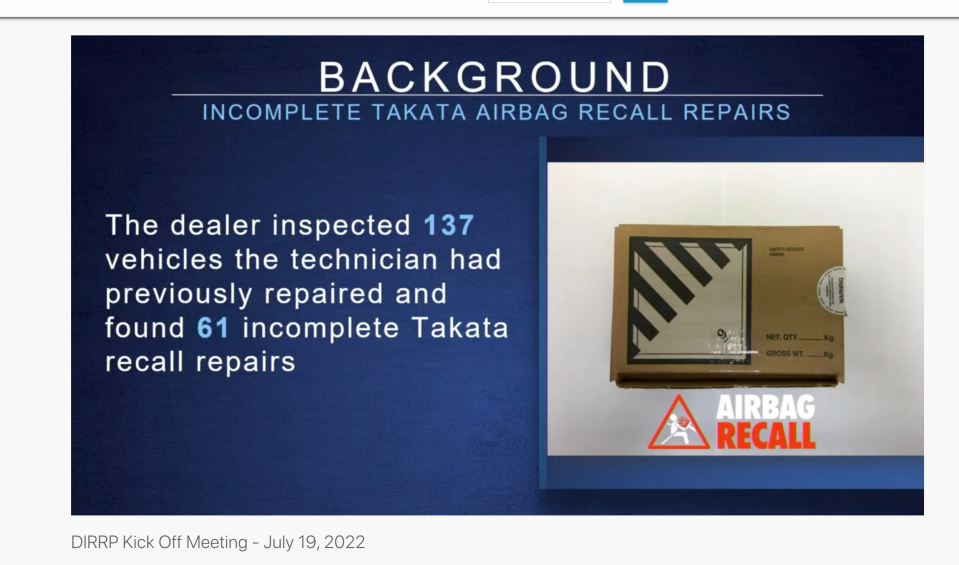 Ford showed a video to its dealers in 2021 and 2022 as part of a campaign to get dealers to crack down on "incomplete" air bag recall repairs that risk injury or death. This screenshot says that one dealer inspected 137 vehicles repairs and found 61 were done improperly or not all.