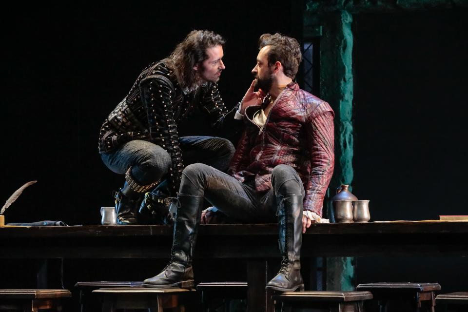 Matthew Amendt, left, as Christopher Marlowe and Dylan Godwin as William Shakespeare try to navigate their clashing personalities while writing a history play in Liz Duffy Adams’ “Born With Teeth” at Asolo Repertory Theatre.