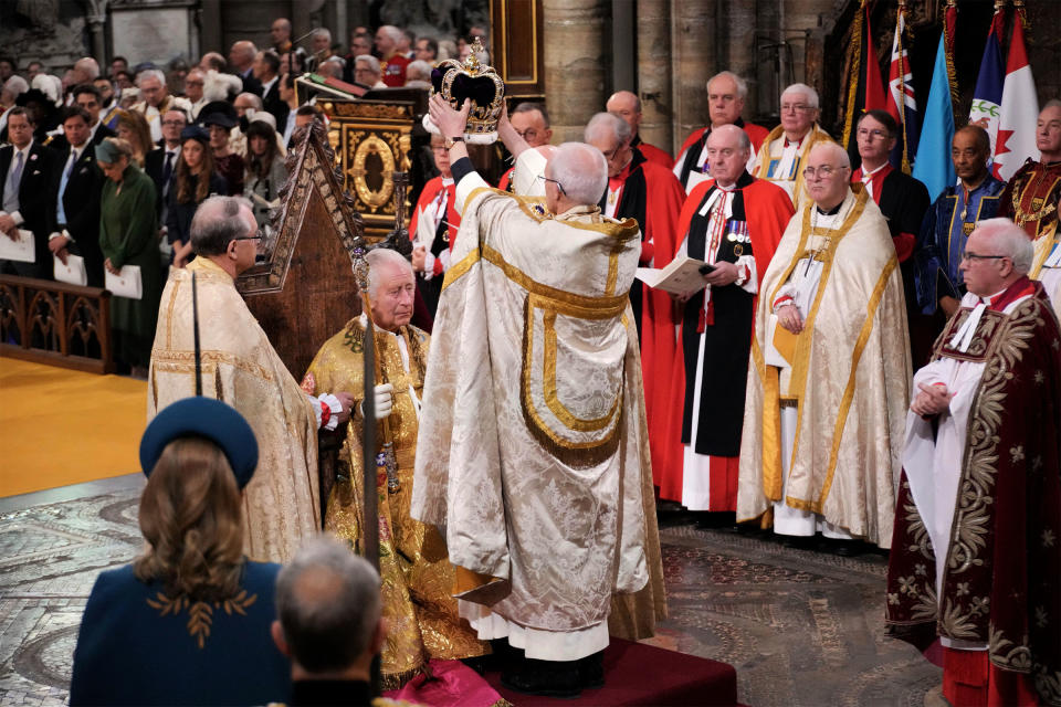 King Charles III sits as he receives The St Edward's Crown during the coronation ceremony at Westminster Abbey, London, Saturday, May 6, 2023.<span class="copyright">Jonathan Brady—PA Wire/AP</span>