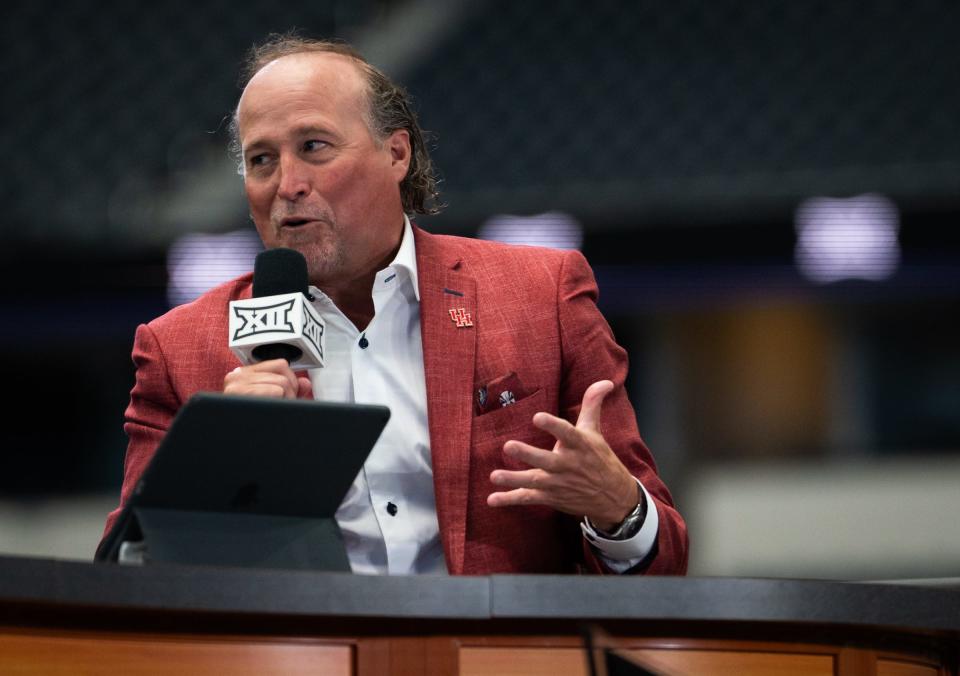 University of Houston Head Coach Dana Holgorsen talks in an interview with ESPN during the first day of Big 12 Media Days in AT&T Stadium in Arlington, Texas, July 12, 2023. 
