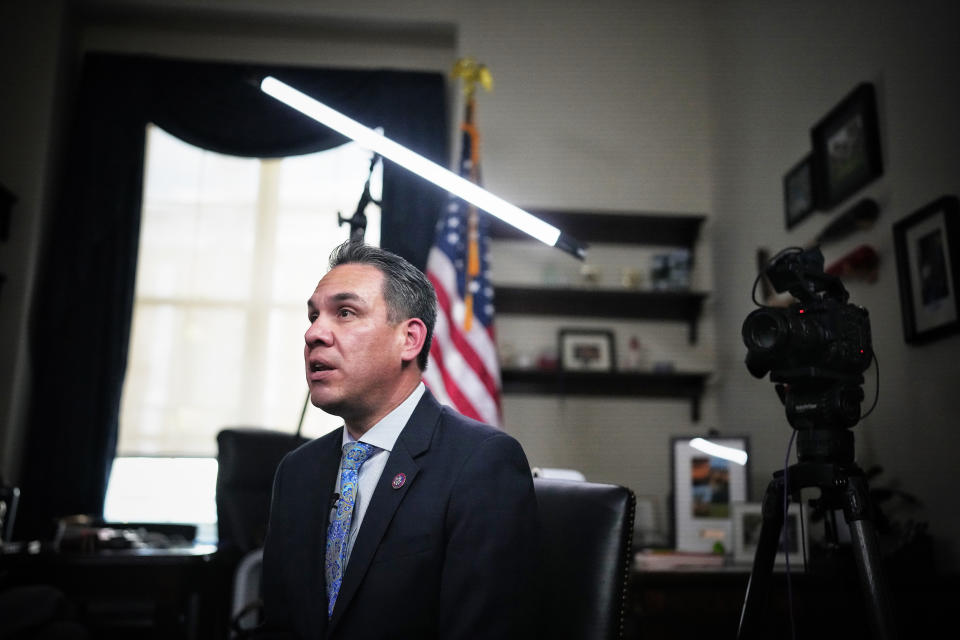 Rep. Pete Aguilar, D-Calif., speaks to NBC News correspondent Garrett Haake on Capitol Hill on June 15, 2022. (Frank Thorp V / NBC News)