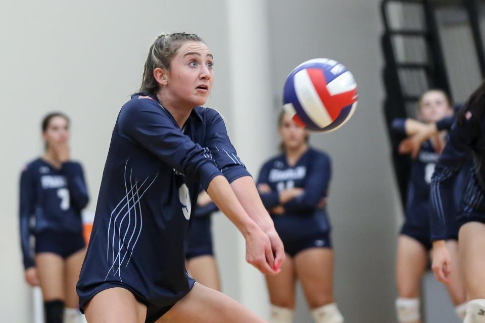 Franklin’s Makayla Kuykendall bumps the ball during the girls volleyball match against Lincoln-Sudbury at Lincoln-Sudbury High School in Sudbury on Sep. 19, 2022.