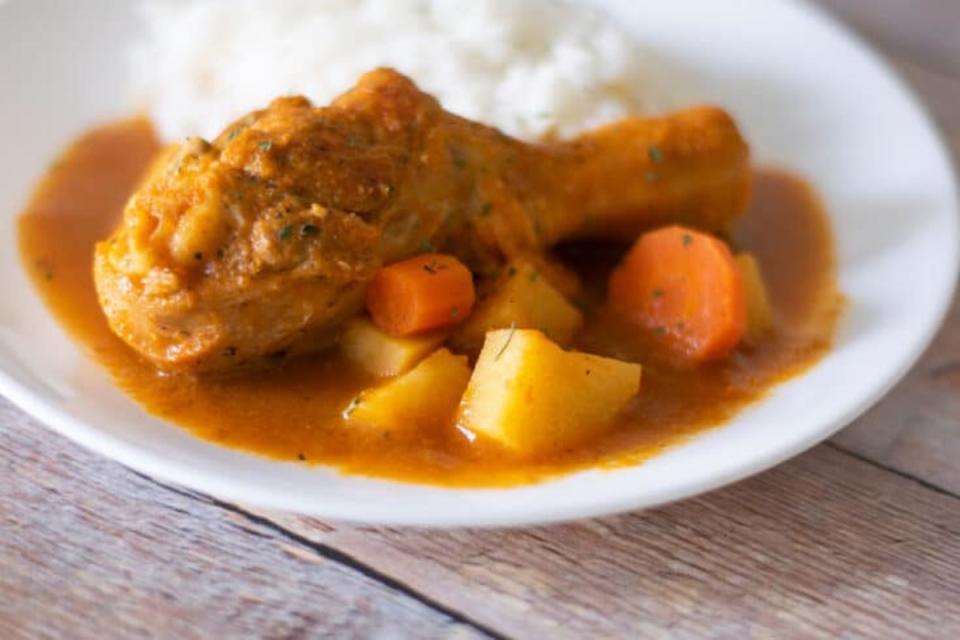 <p>Thrift and Spice</p><p>This pollo guisado is a delicious Mexican chicken stew that consists of drumsticks, potatoes and carrots simmered in a yummy tomato sauce.</p><p><strong>Get the recipe: <a href="https://thriftandspice.com/pollo-guisado/" rel="nofollow noopener" target="_blank" data-ylk="slk:Pollo Guisado (Chicken Stew);elm:context_link;itc:0;sec:content-canvas" class="link ">Pollo Guisado (Chicken Stew)</a></strong></p>
