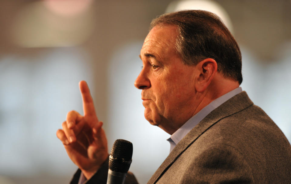 Republican presidential candidate Mike Huckabee speaks at the Growth and Opportunity Party, at the Iowa State Fair October 31, 2015 in Des Moines, Iowa.