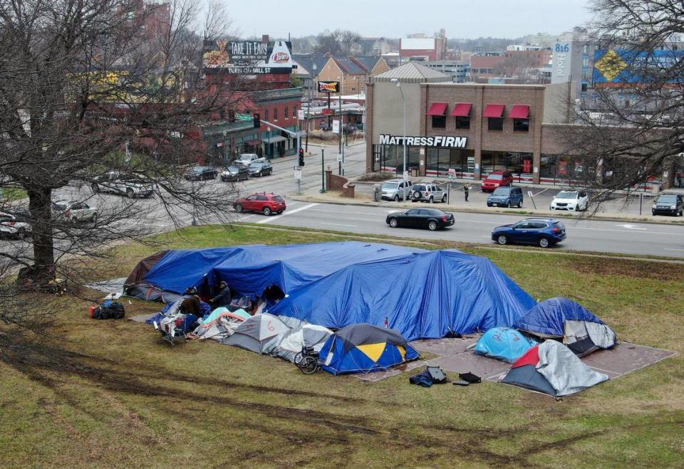 A homeless encampment was set up at Southwest Trafficway and Westport Road in February originally as a warming center but has grown into a highly visible form of protest. Jill Toyoshiba/jtoyoshiba@kcstar.com