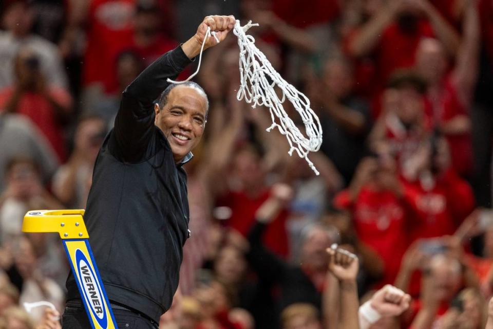 N.C. State coach Kevin Keatts celebrates the Wolfpack’s 76-64 victory over Duke, clinching the NCAA South Regional final and securing a spot in the Final Four on Sunday, March 31, 2024 at the American Airlines Center in Dallas, Texas.