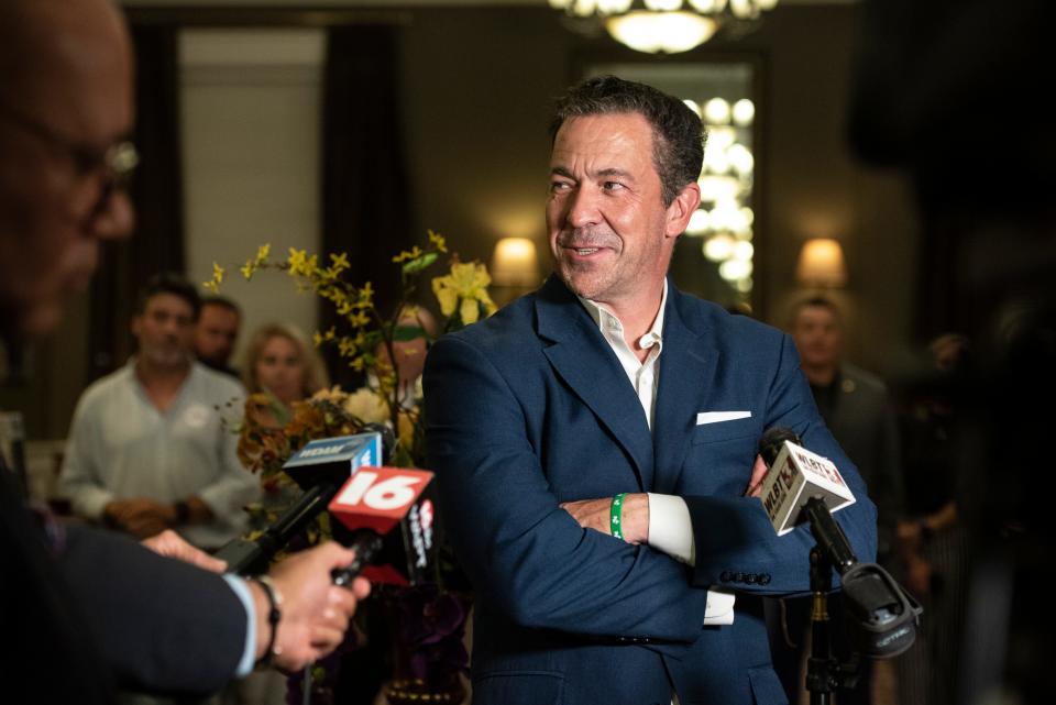 Chris McDaniel speaks to the media and his supporters as his race for Lieutenant Governor looks uncertain at Biloxi Visitors Center in Biloxi on Tuesday, Aug. 8, 2023.