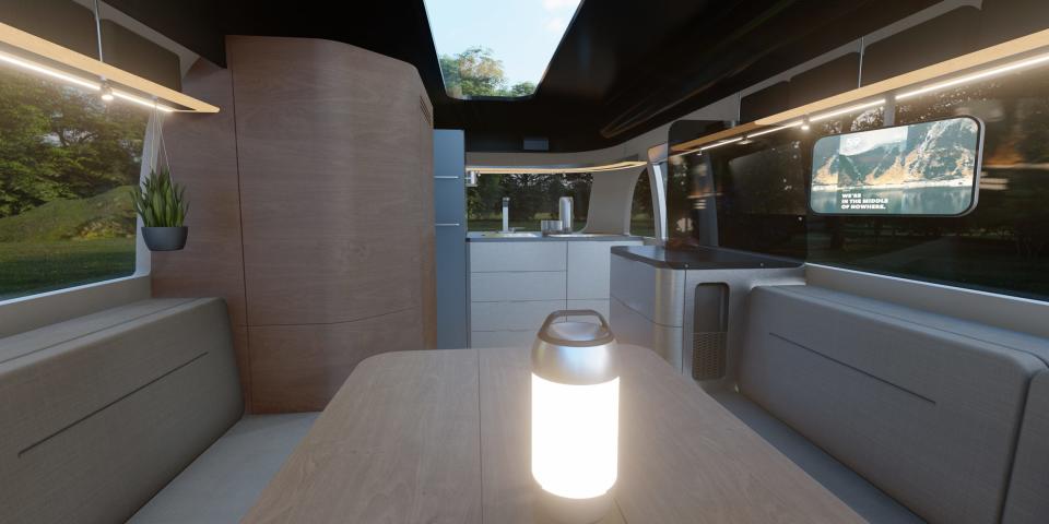 A rendering of the interior of the Airstream Studio F. A. Porsche Concept Travel Trailer.