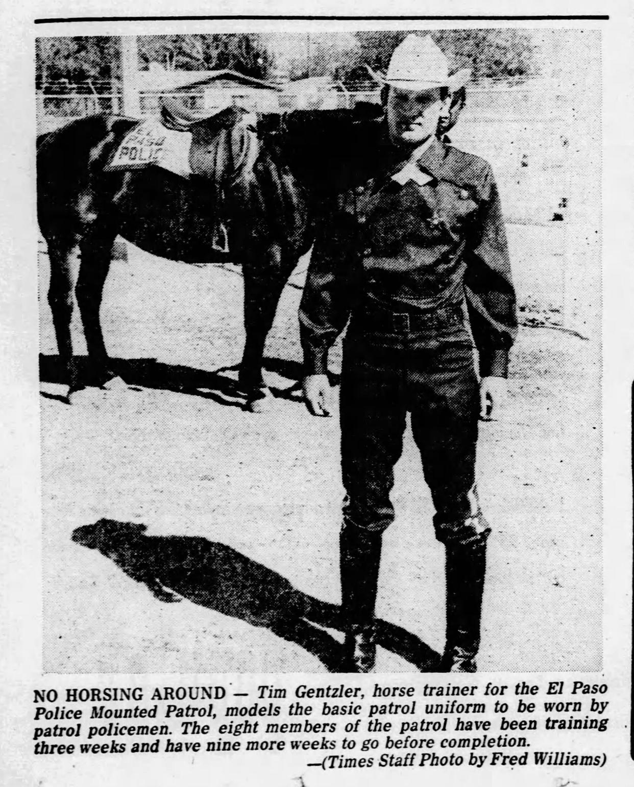 June 12, 1974: Tim Gentzler, horse trainer for the El Paso Mounted Patrol, models the basic patrol uniform to be worn by patrol policemen.