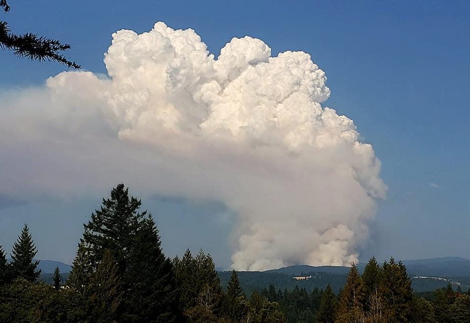 View of the Camp Creek Fire burning in Mount Hood National Forest.