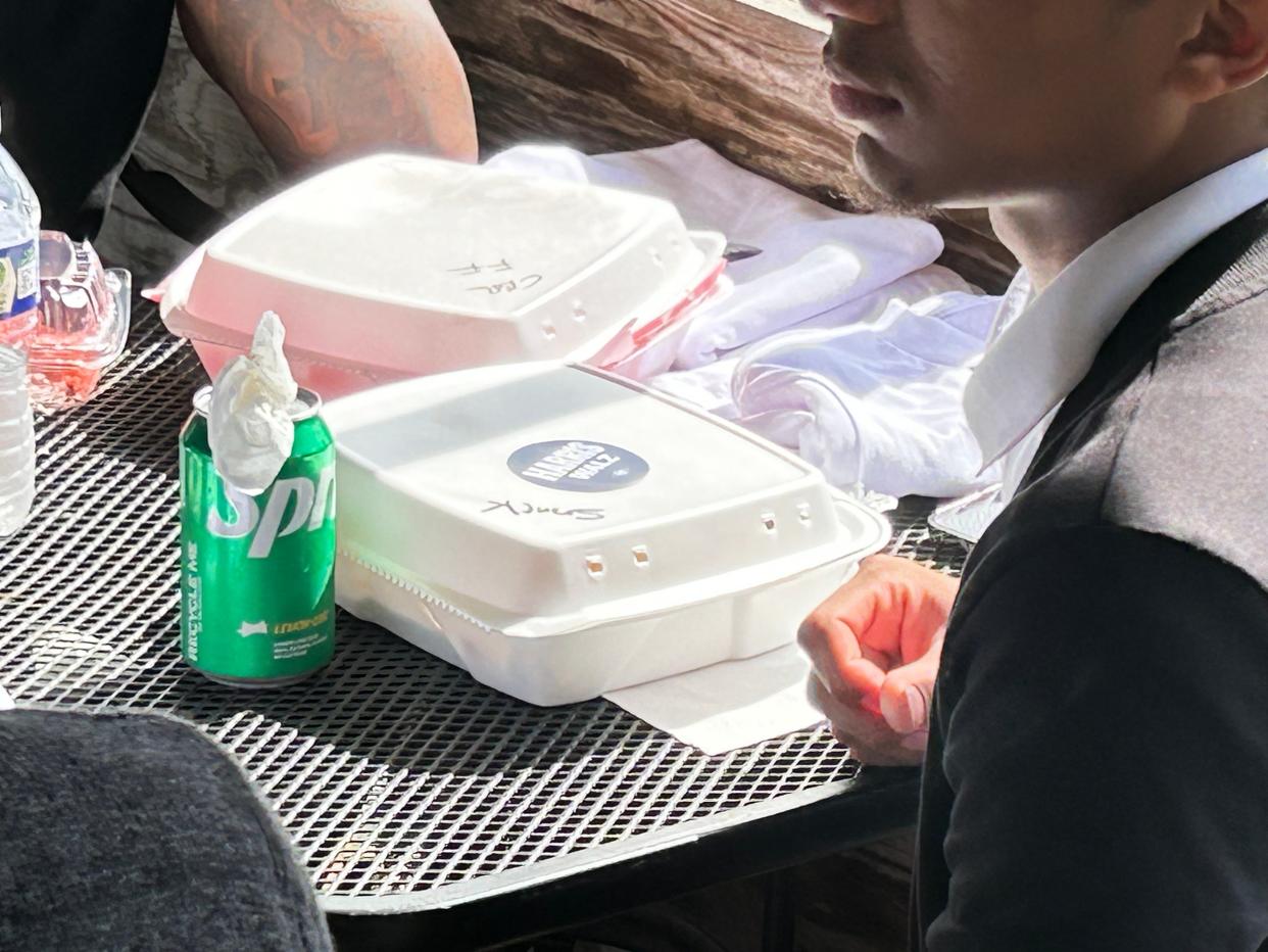 A Harris-Walz campaign sticker adorns a takeout dinner Sept. 5, 2024, at Ettrick Deli.