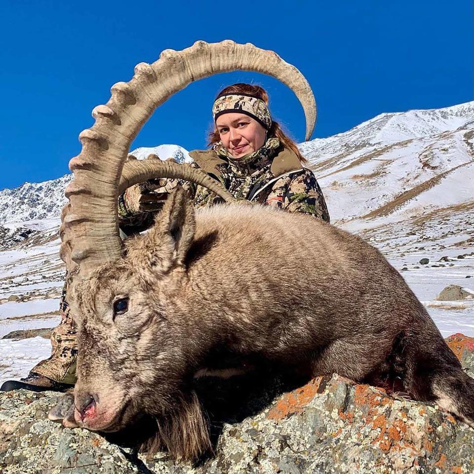 Glam huntress Tatyana Baulina , 32, who has provoked outrage for killing a Red Book ibex. Source: East2West News/ Australscope