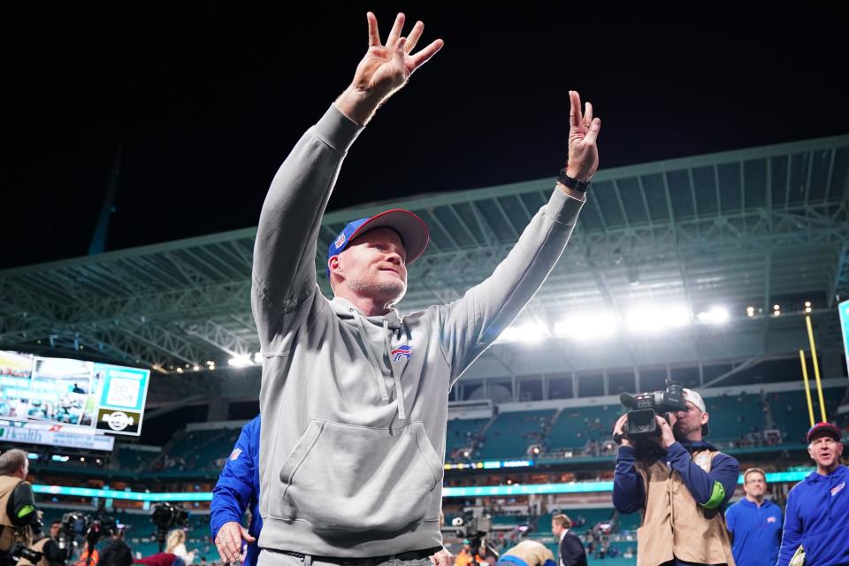 MIAMI GARDENS, FLORIDA - JANUARY 07: Head coach Sean McDermott of the Buffalo Bills reacts after a 21-14 victory against the Miami Dolphins at Hard Rock Stadium on January 07, 2024 in Miami Gardens, Florida. (Photo by Rich Storry/Getty Images)