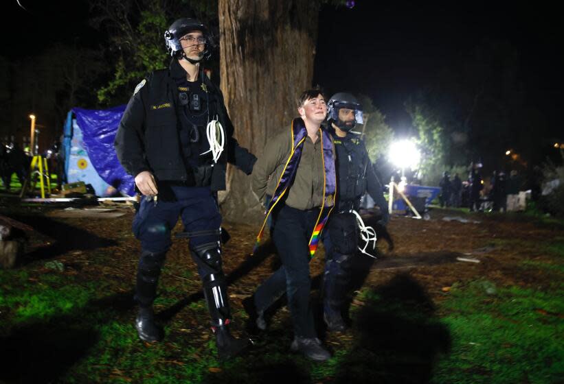 An activist is removed by authorities from a park