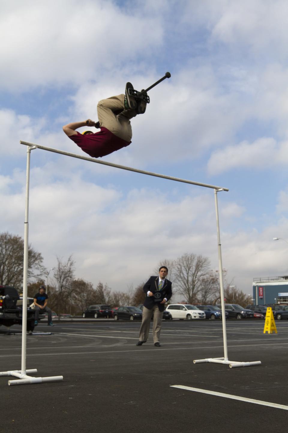 Tone Staub also broke the record for the highest forward flip pogo stick jump is 8 feet (Philip Robertson/Guinness World Records)
