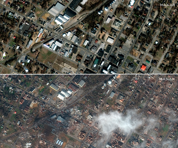 Satellite photos provided by Maxar show an overview of downtown Mayfield, Kentucky, on January 28, 2017, and December 11, 2021. / Credit: Satellite image ©2021 Maxar Technologies via AP