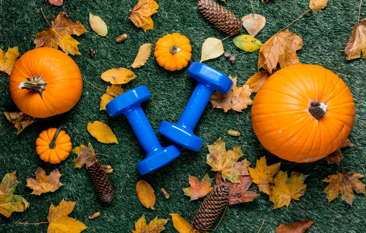 Two hand weights lie on the grass surrounded by mini pumpkins, fallen leaves and pine cones.