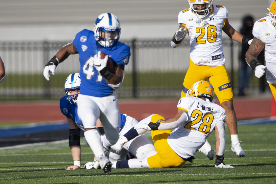 Buffalo's Jaret Patterson (41) runs with the ball for a touchdown during a game against Kent State on Nov. 28, 2020. (Gregory Fisher/Icon Sportswire via Getty Images)