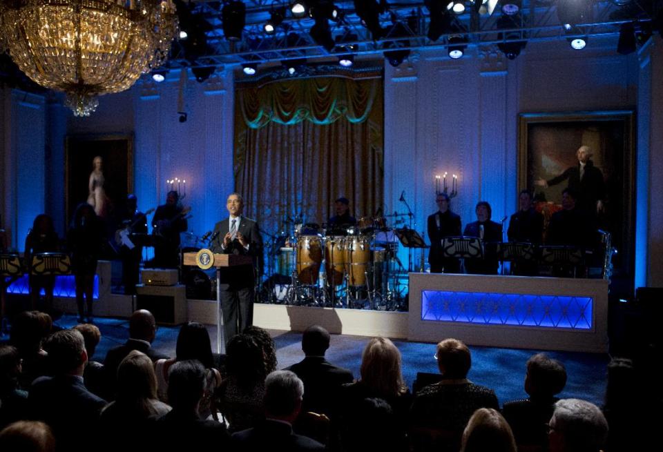 President Barack Obama speaks during the "In Performance at the White House: Women of Soul" in the East Room of the White House in Washington, Thursday, March 6, 2014, hosted by President Barack Obama, and first lady Michelle Obama. The program include performances by Patti LaBelle, Tessanne Chin, Melissa Etheridge, Aretha Franklin, Ariana Grande, Janelle Monáe and Jill Scott. (AP Photo/Manuel Balce Ceneta)