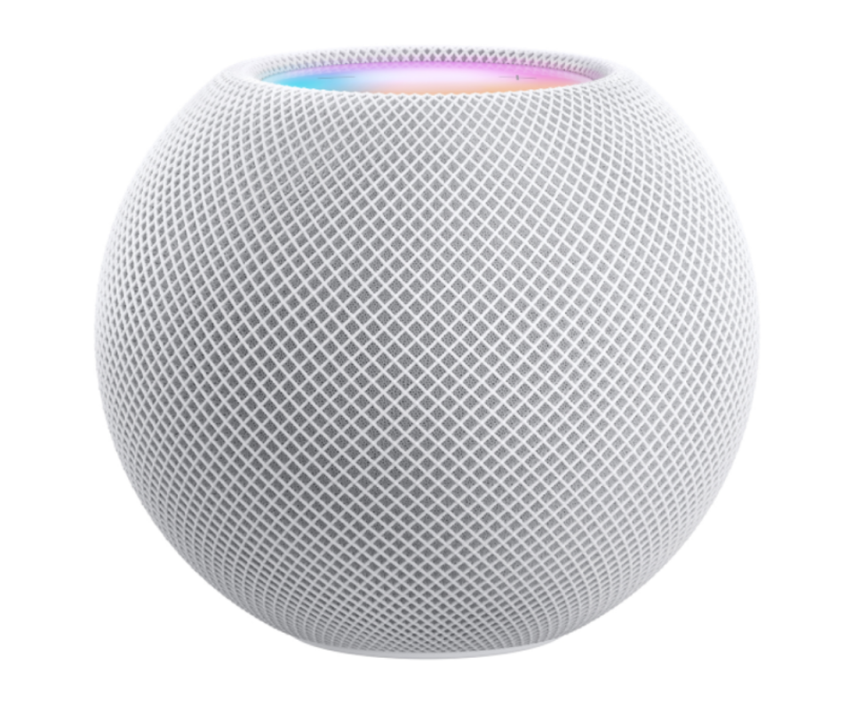 Apple's new white round HomePod speaker on a white background.