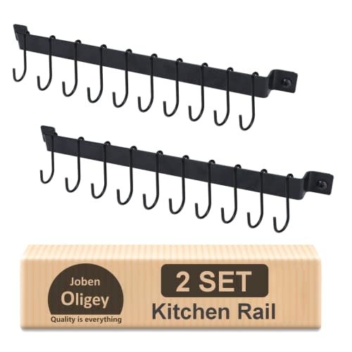 Utensil Holder, Kitchen Rail with 10 Hooks, Kitchen Pots Pans Organizer Hanger, Wall Mounted Wrought Iron Hanging Utensil Holder Rack with Black 17 Inch for Coffee Mug Rack Cup Hanging Kitchen Black, Set of 2