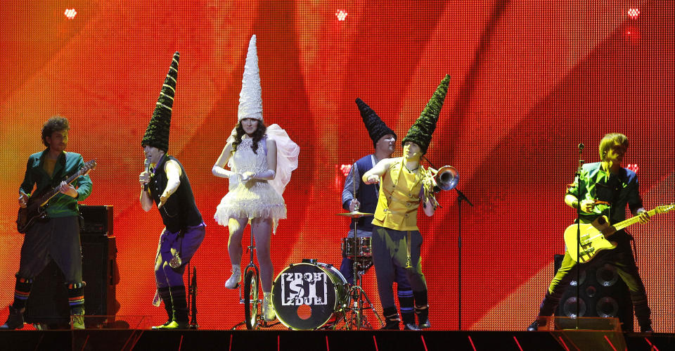 FILE - Moldovan band Zdob si Zdub performs the song 'So Lucky' during the rehearsal for the second semifinal of the Eurovision Song Contest in Duesseldorf, Germany, May 11, 2011. The 68th Eurovision Song Contest is taking place in May in Malmö, Sweden. It will see acts from 37 countries vie for the continent’s pop crown. Founded in 1956, Eurovision is a feelgood extravaganza that strives to banish international strife and division. It’s known for songs that range from anthemic to extremely silly, often with elaborate costumes and spectacular staging. (AP Photo/Frank Augstein, File)