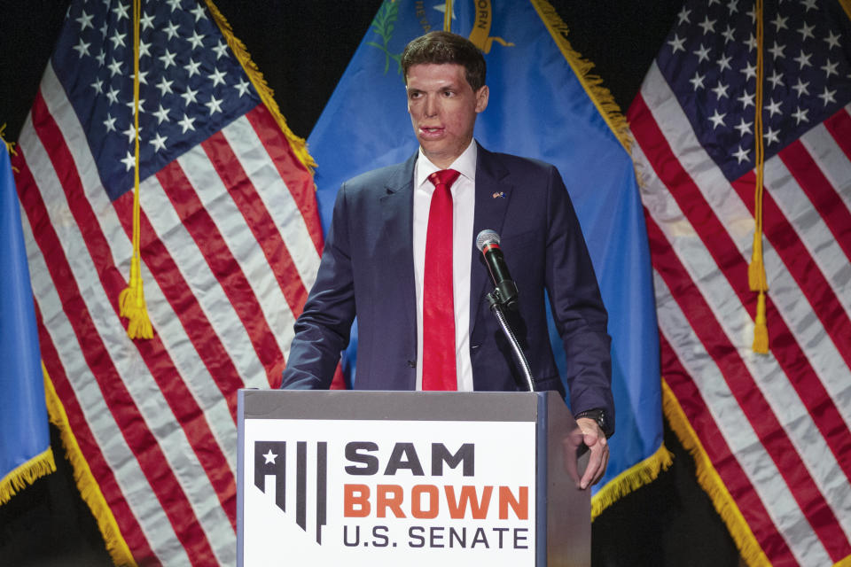 FILE - Republican senatorial candidate Sam Brown speaks at an election night party June 11, 2024, in Reno, Nev. Brown continued to receive criticism from runner-up Jeff Gunter while other former rivals backed the retired Army captain after he handedly won the GOP nomination (AP Photo/Tom R. Smedes)