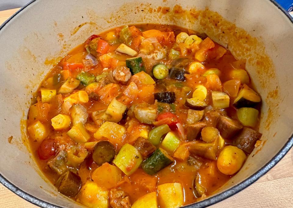 This vegetable medley of eggplant, carrots, onions and summer squash is sauteed in a low-sodium tomato sauce and ready to be spooned atop freshly steamed fish or tossed with whole wheat pasta.