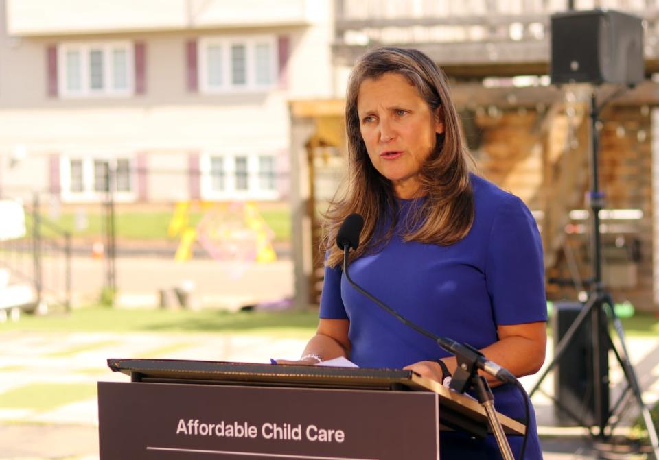 Chrystia Freeland, Canada's deputy prime minister, speaks to reporters in Moncton, N.B., on Aug. 29, 2023.